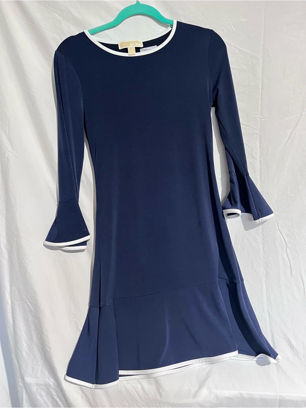 Michael Kors Navy Dress with White Trim and Flounce Sleeves